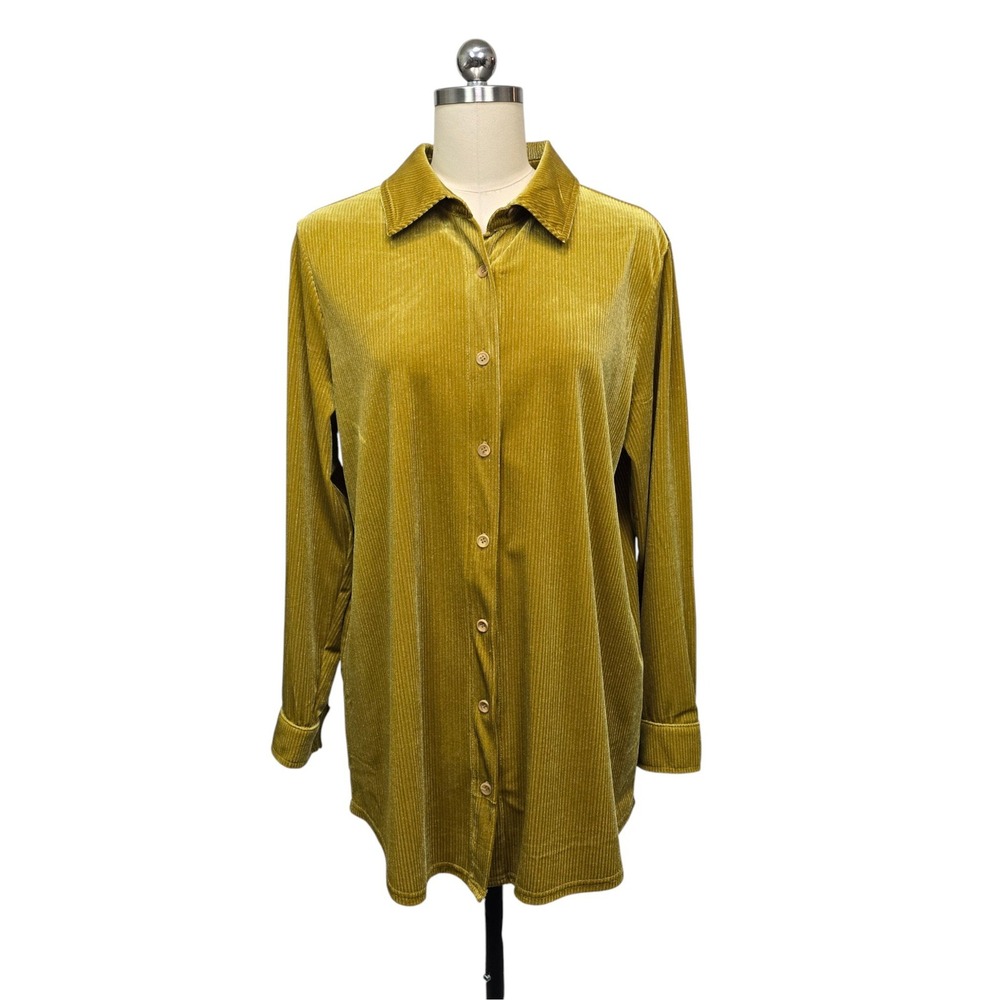 NWT Soft Surroundings Amber Green Textured Velvet‎ Boyfriend Shirt Womens Large